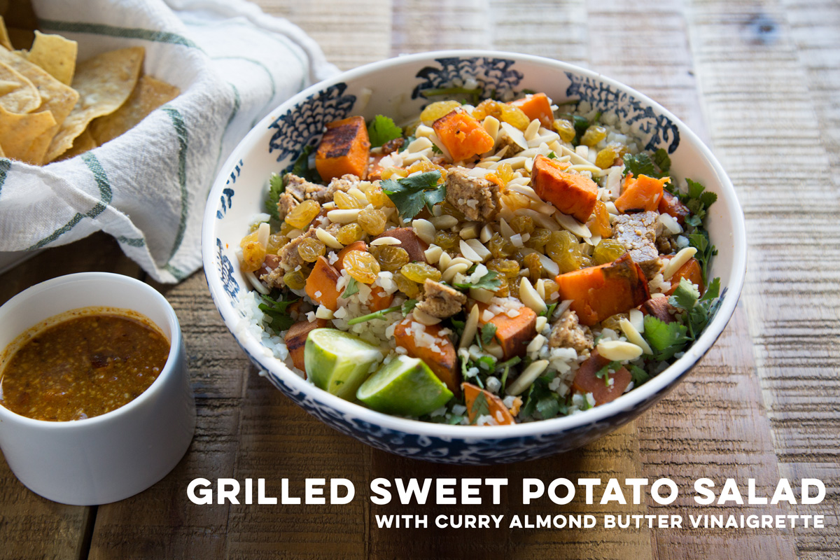 Grilled Sweet Potato Salad with Curry Almond Butter Vinagrette