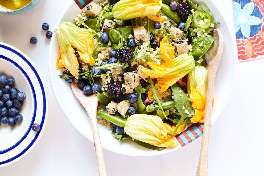squash blossom salad with millet and blueberries